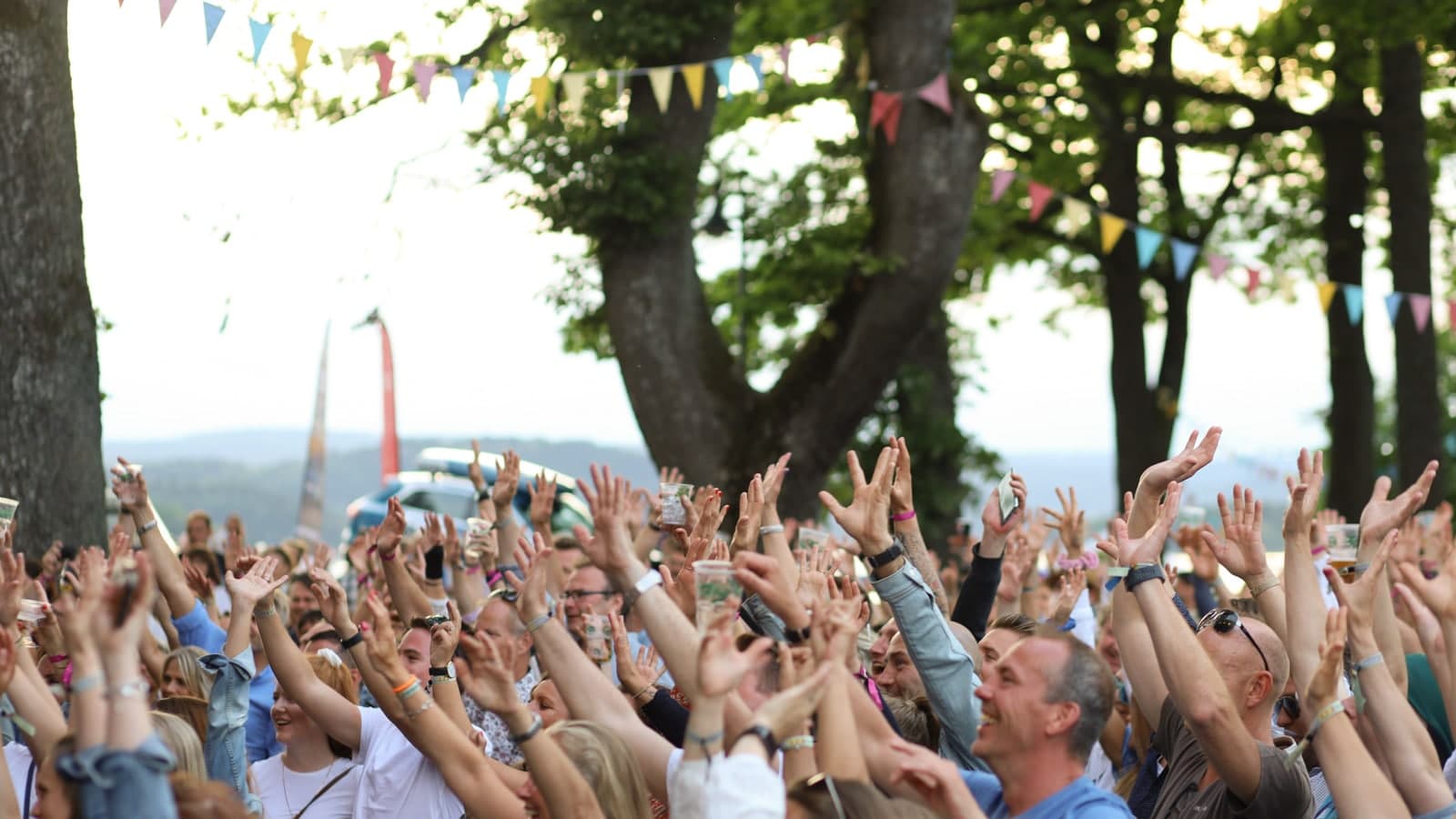 Mennesker som danser på festival utendørs med vimpler i trærne