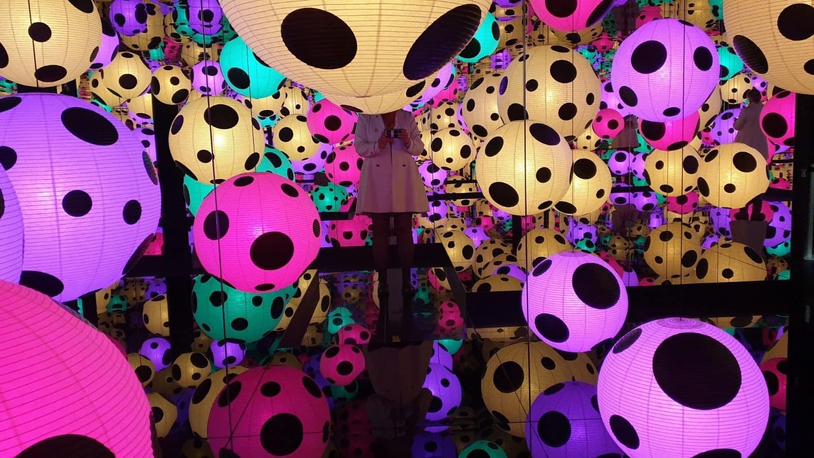 Oransje og gule prikkete baller i et rom